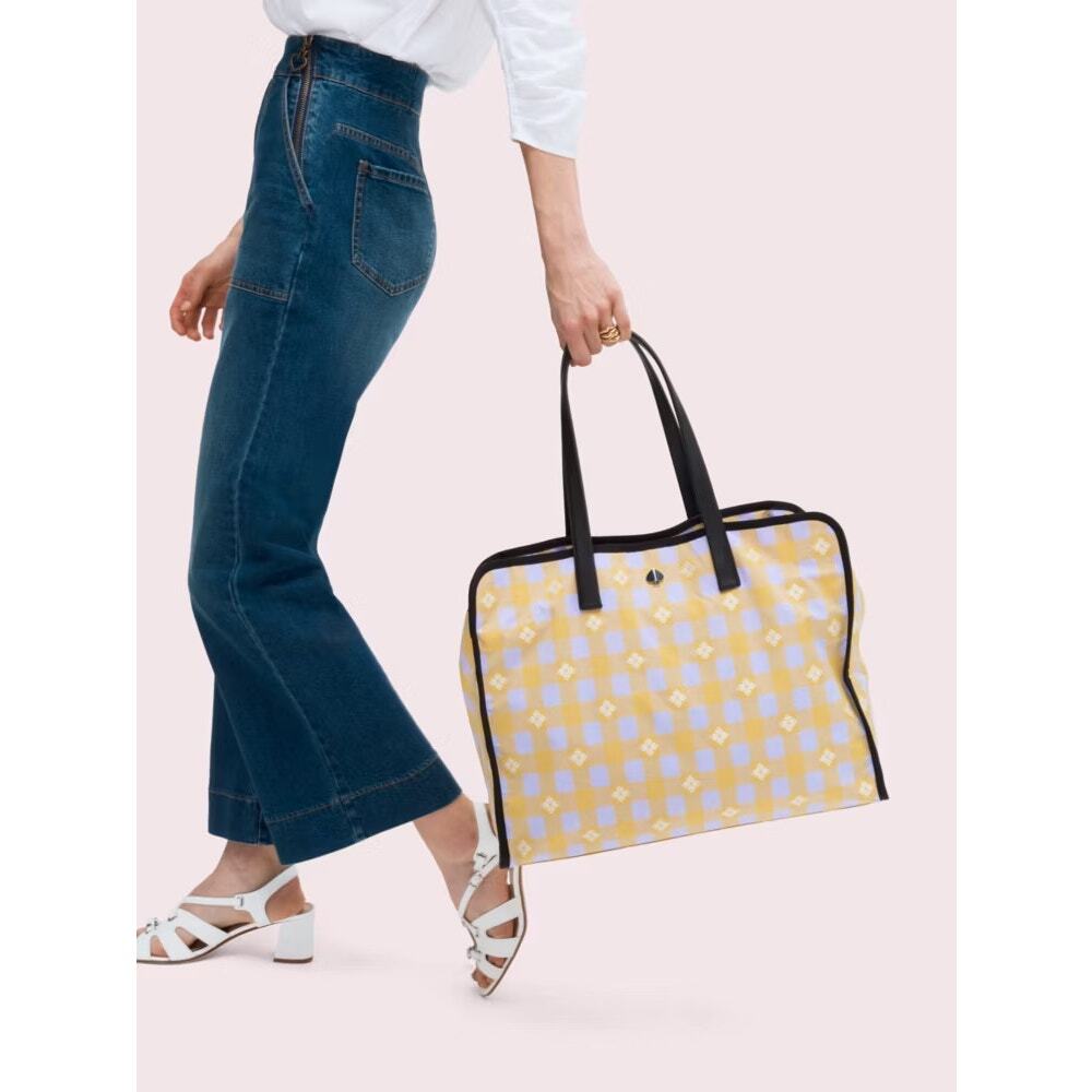 Kate Spade Morley Plaid Nylon Tote Yellow Lilac Large NWT - Picture 2 of 12